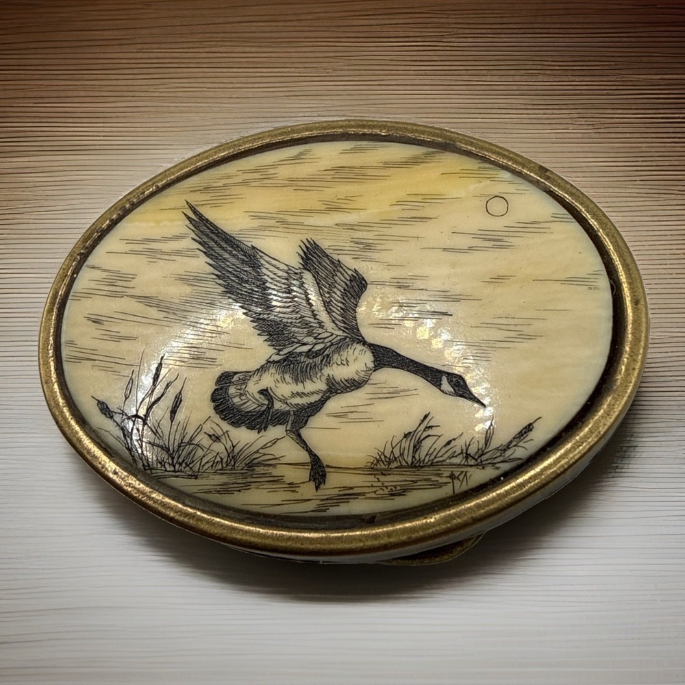 Vintage BTS Solid Brass Oval Western Belt Buckle Goose in Flight USA 2.5x2"